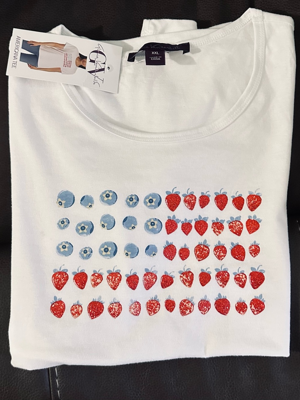 Gloria Vanderbilt White Short-Sleeve Tee with Red Strawberry & Blue Berry Grid